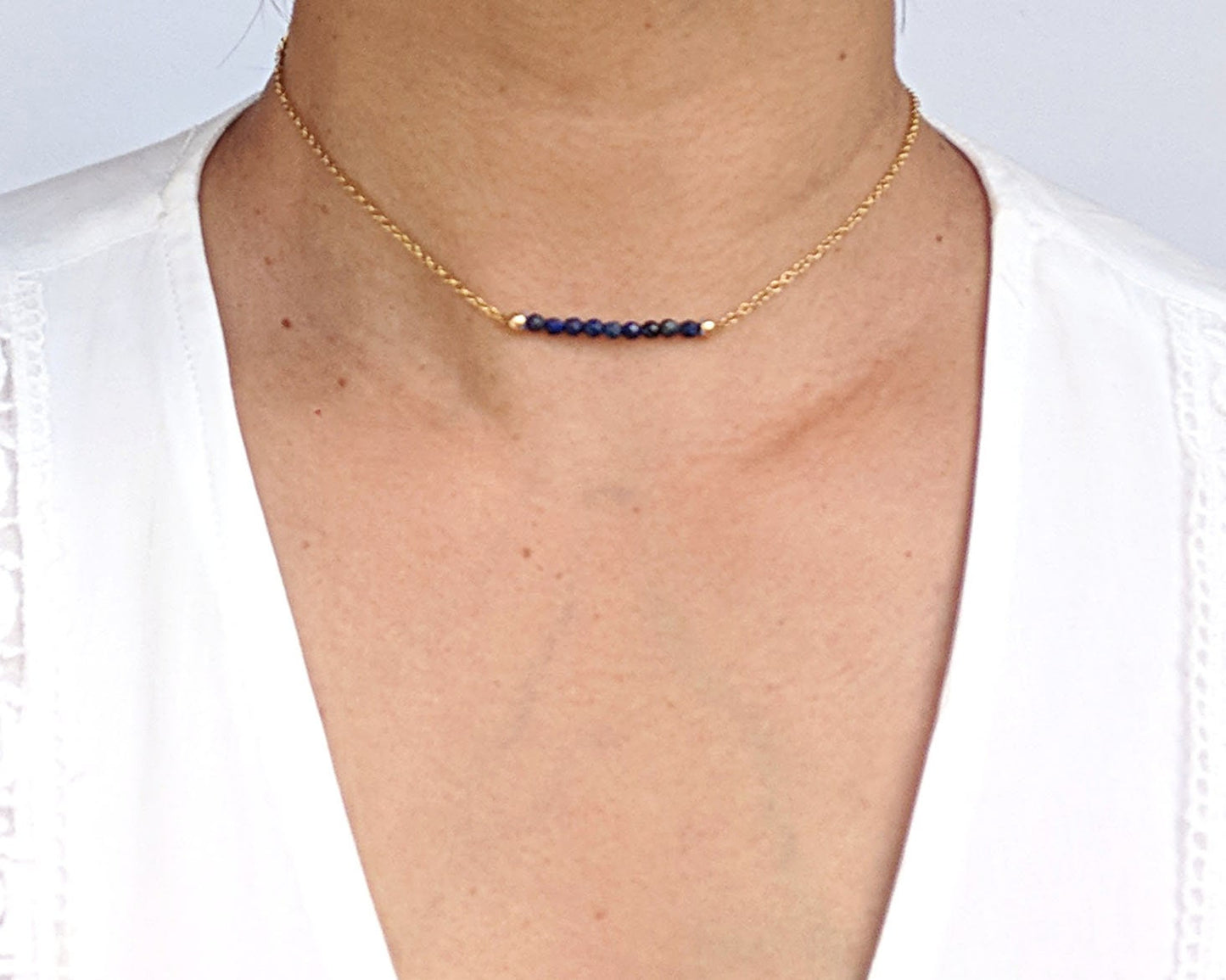 Dainty sapphire necklace Silver September birthstone necklace & initial Rose gold choker Blue gemstone bar necklace 50th birthday gift women StudioVy
