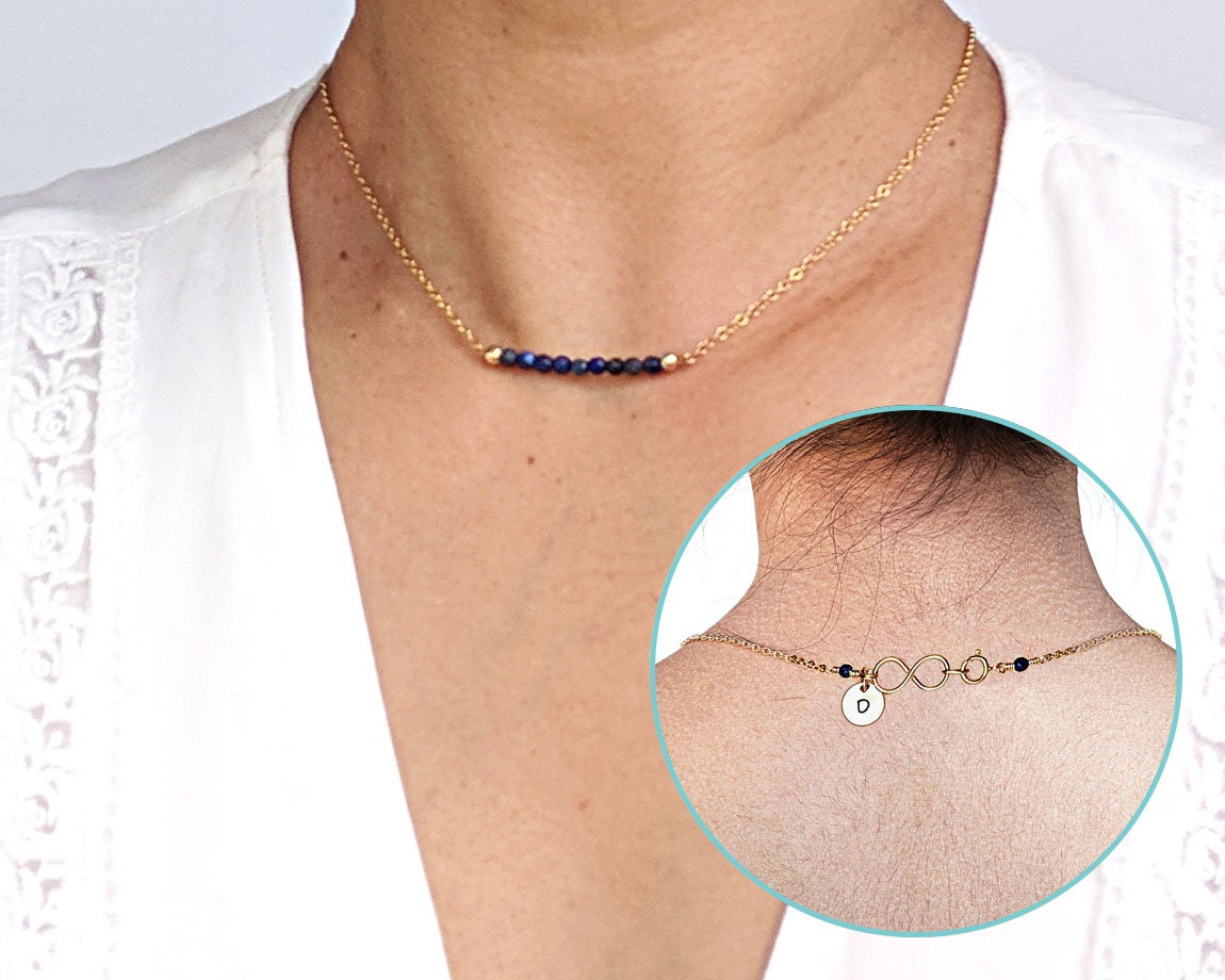 Dainty sapphire necklace Silver September birthstone necklace & initial Rose gold choker Blue gemstone bar necklace 50th birthday gift women StudioVy
