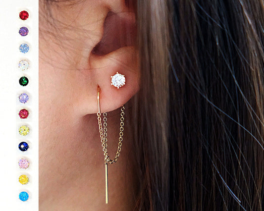 Double piercing earring Silver/gold threader earrings with CZ birthstone  StudioVy   