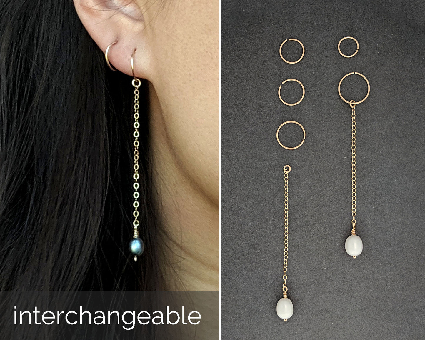 Pearl hoop earrings with charm Pearl drop earrings Gold & grey pearl earrings Removable Long chain earrings 30th birthday gift for her June StudioVy