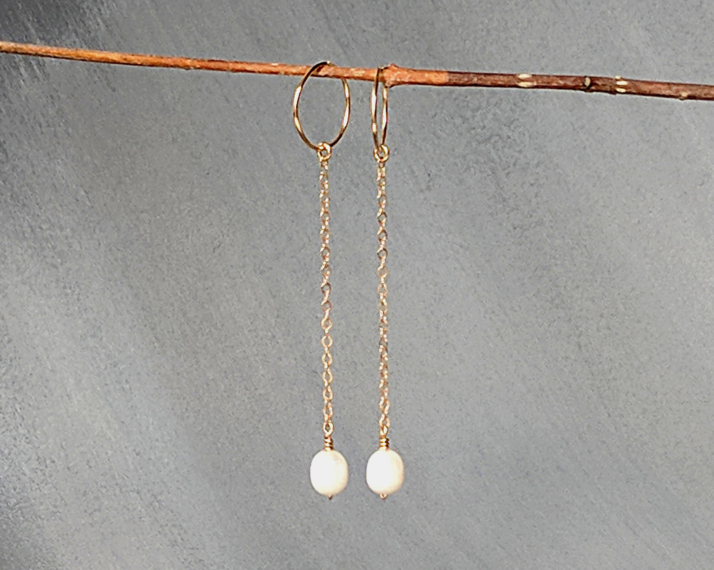 Pearl hoop earrings with charm Pearl drop earrings Gold & grey pearl earrings Removable Long chain earrings 30th birthday gift for her June StudioVy