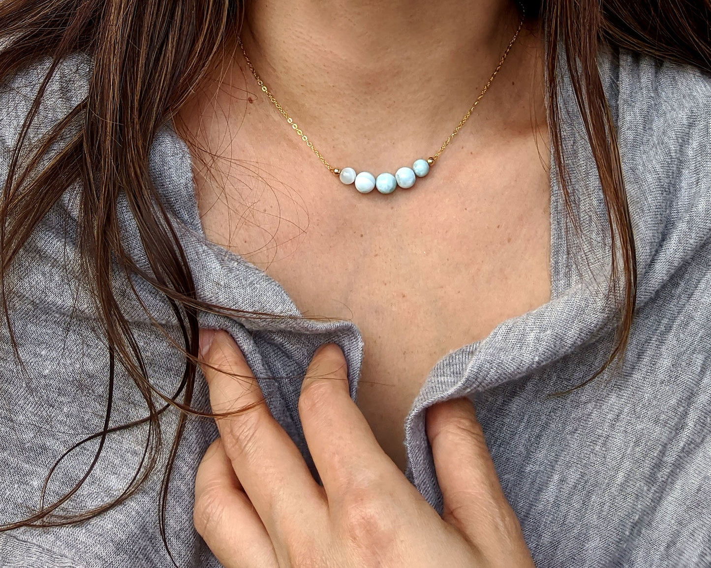 Genuine larimar necklace Beaded gemstone bar necklace Something blue for bride Beach jewelry Mother of the bride gift from daughter/groom StudioVy