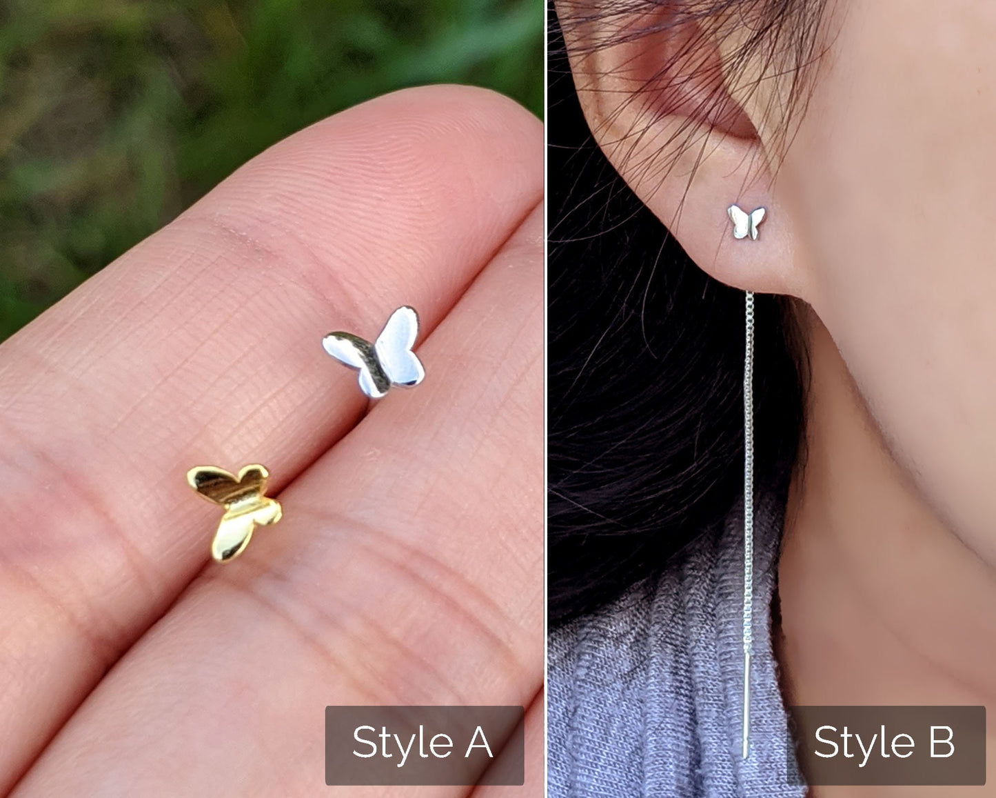 Tiny sterling silver butterfly earrings Gold ear jacket earrings Chain front back earrings Butterfly stud earring Cartilage earring piercing StudioVy