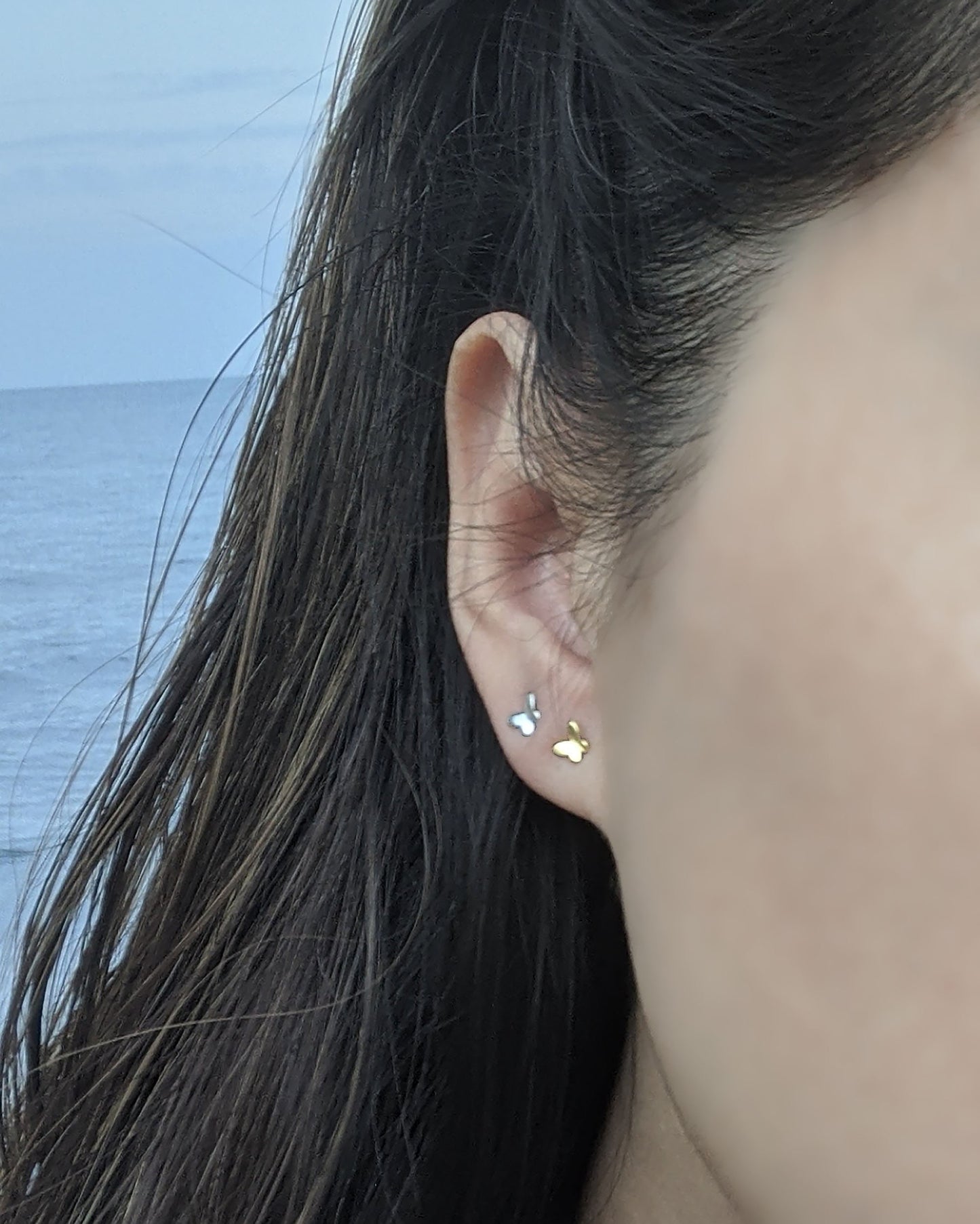 Tiny sterling silver butterfly earrings Gold ear jacket earrings Chain front back earrings Butterfly stud earring Cartilage earring piercing StudioVy