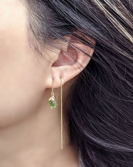 Genuine raw peridot earrings August birthstone threader earrings  StudioVy   