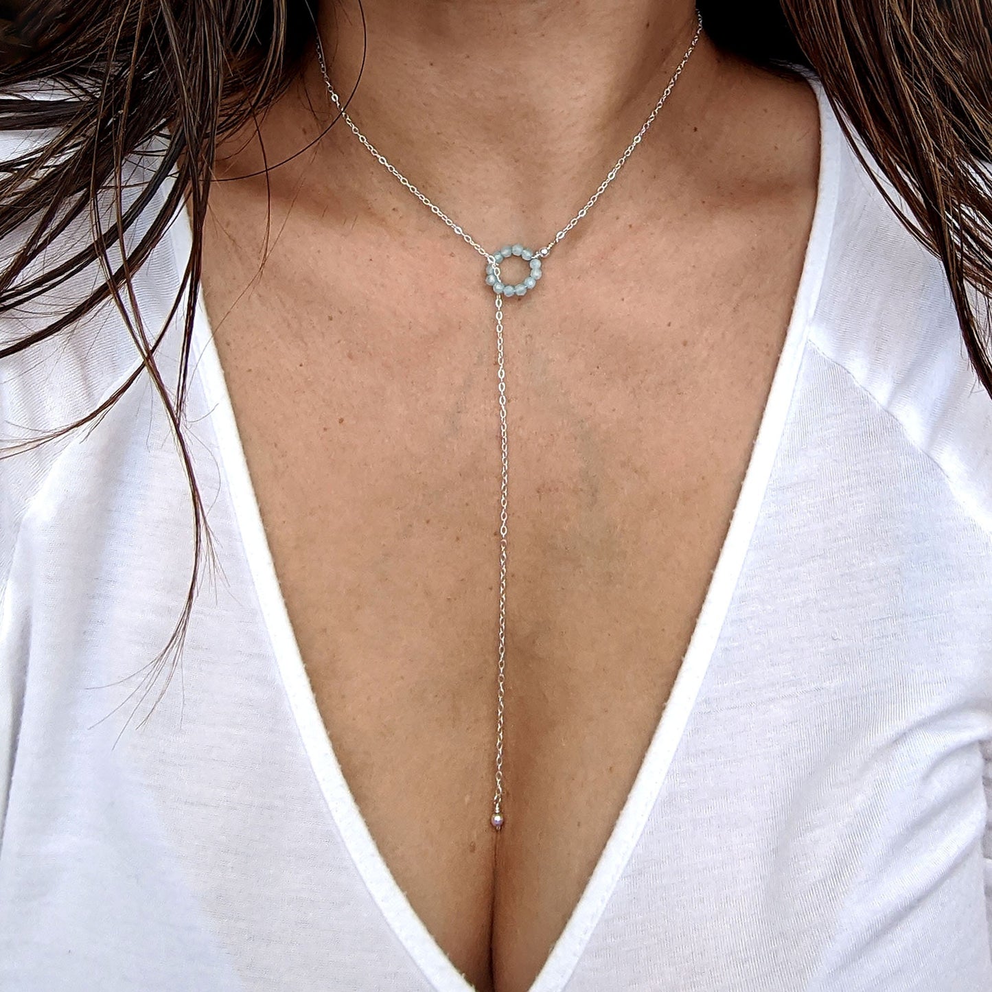 Aquamarine necklace Silver/Rose gold lariat necklaces Women lariat choker Y necklace Gold March birthstone necklace Dainty beaded gemstone StudioVy