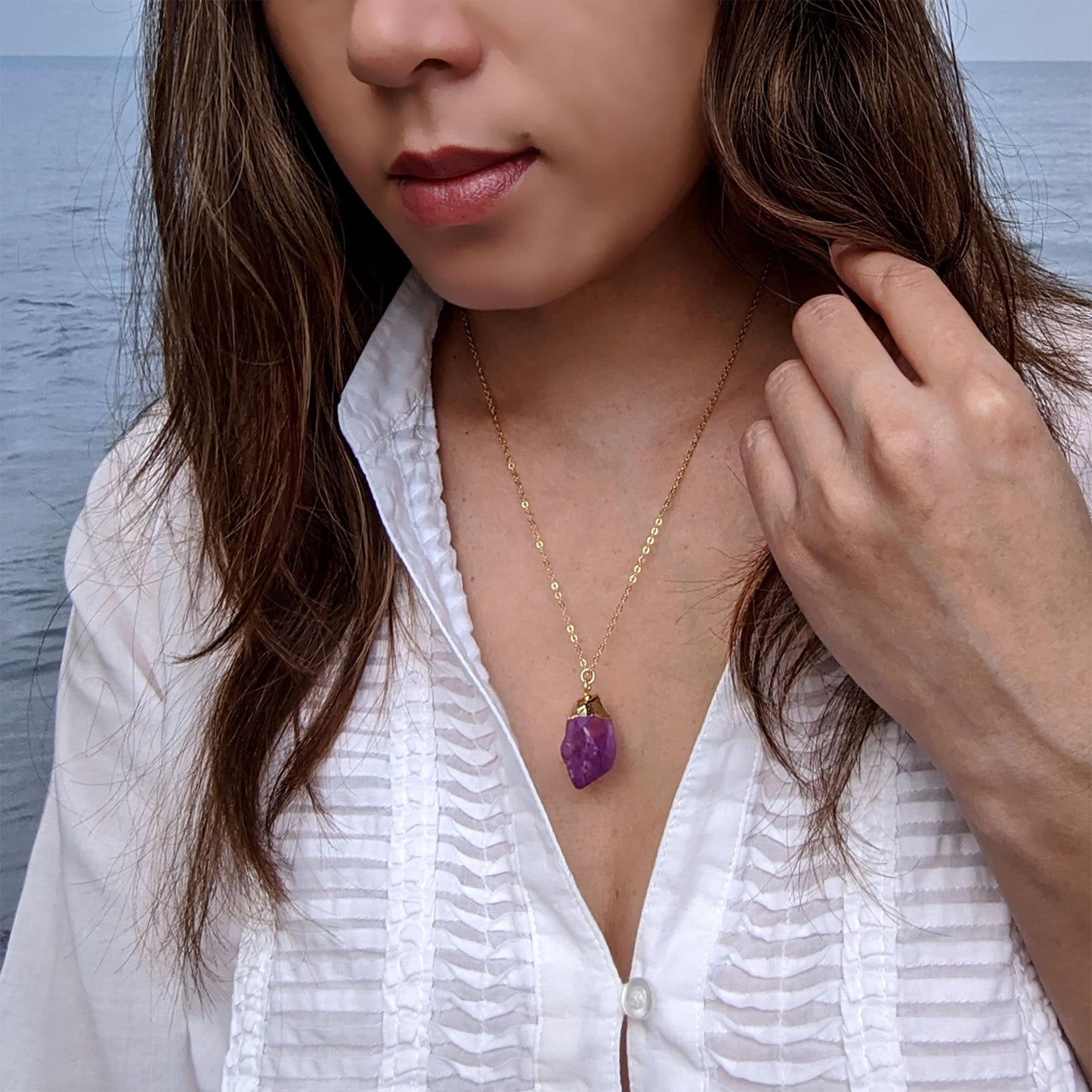 Amethyst slice pendant Raw amethyst necklace Big electroformed gemstone necklace 40th-60th birthday gifts Women February birthstone necklaces StudioVy