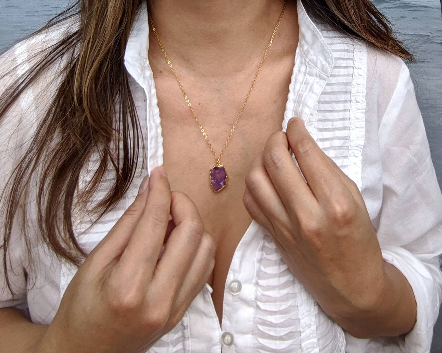 Amethyst slice pendant Raw amethyst necklace Big electroformed gemstone necklace 40th-60th birthday gifts Women February birthstone necklaces StudioVy