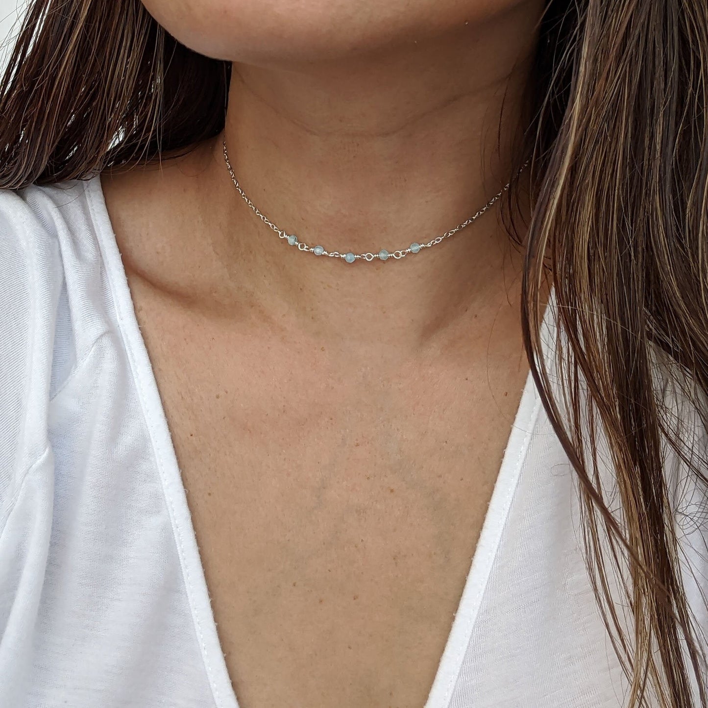 Aquamarine necklace Silver/Gold tiny gemstone choker necklace March birthstone necklace Personalized bar necklace Something blue for bride StudioVy