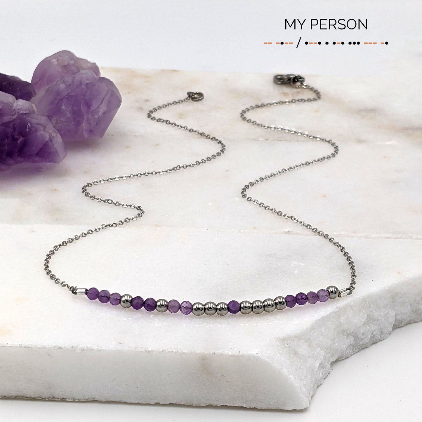 Custom Morse code necklace | Amethyst necklace February birthstone necklace StudioVy