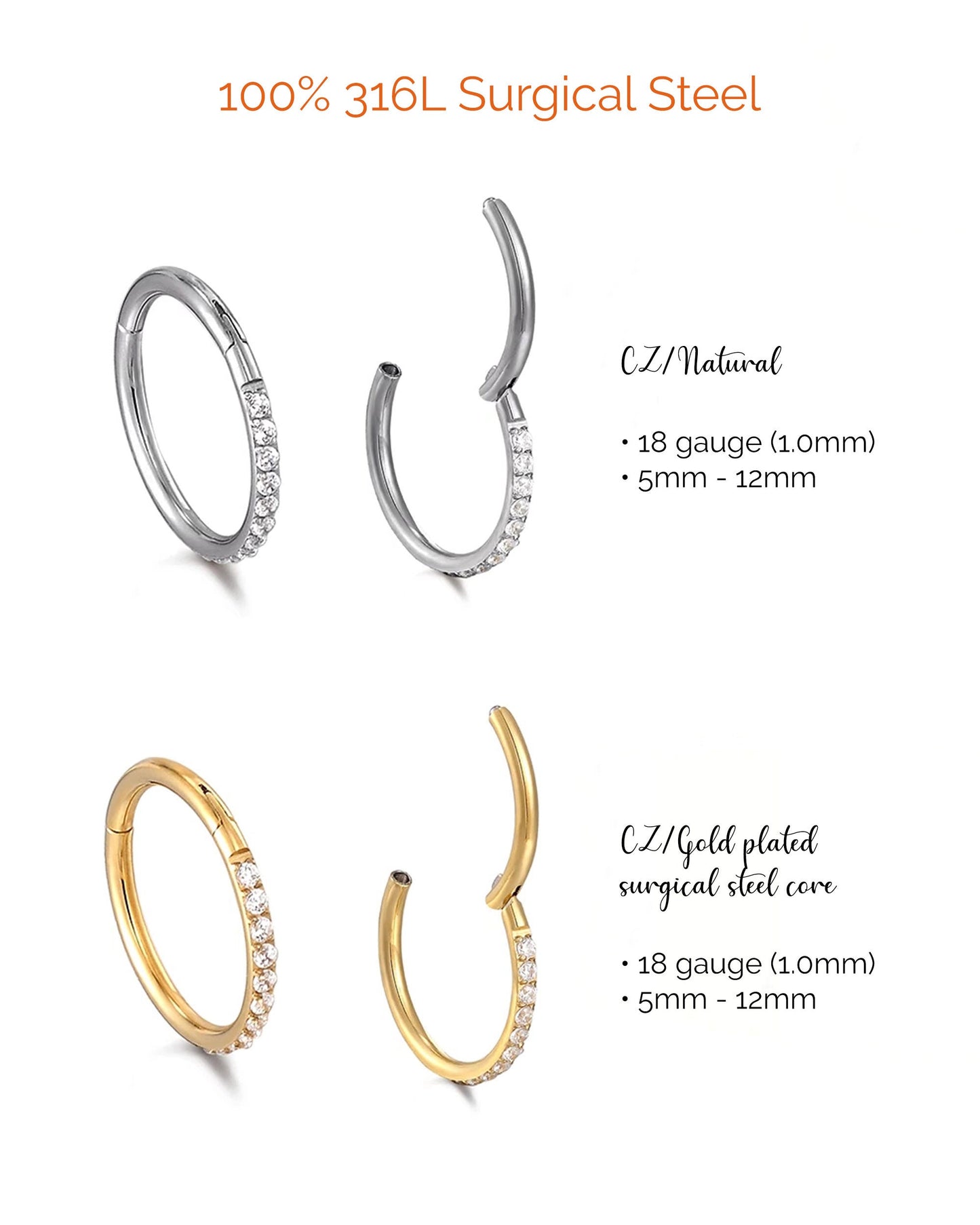 Small hoop earrings Surgical steel earrings Forward helix earring Stud CZ Conch piercing Tragus piercing Cartilage hoop Nose/Septum ring 8mm StudioVy