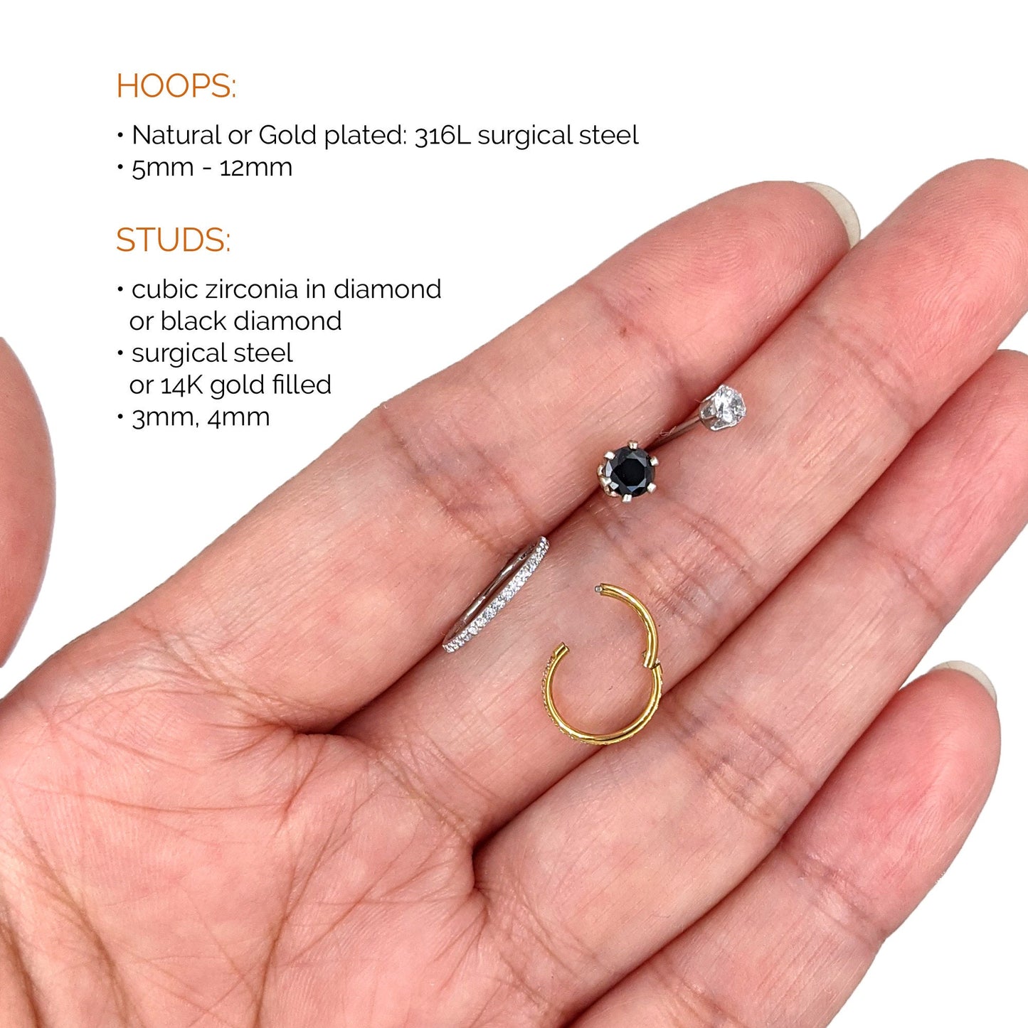 Small hoop earrings Surgical steel earrings Forward helix earring Stud CZ Conch piercing Tragus piercing Cartilage hoop Nose/Septum ring 8mm StudioVy