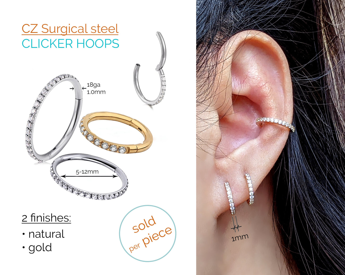 Small hoop earrings Surgical steel earrings Forward helix earring Stud CZ Conch piercing Tragus piercing Cartilage hoop Nose/Septum ring 8mm StudioVy