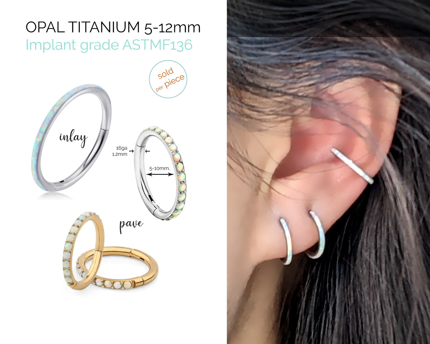 Opal huggie earrings Titanium earrings 16ga Small hoop earrings Cartilage earring Tiny forward helix earring Conch hoop Daith piercing StudioVy