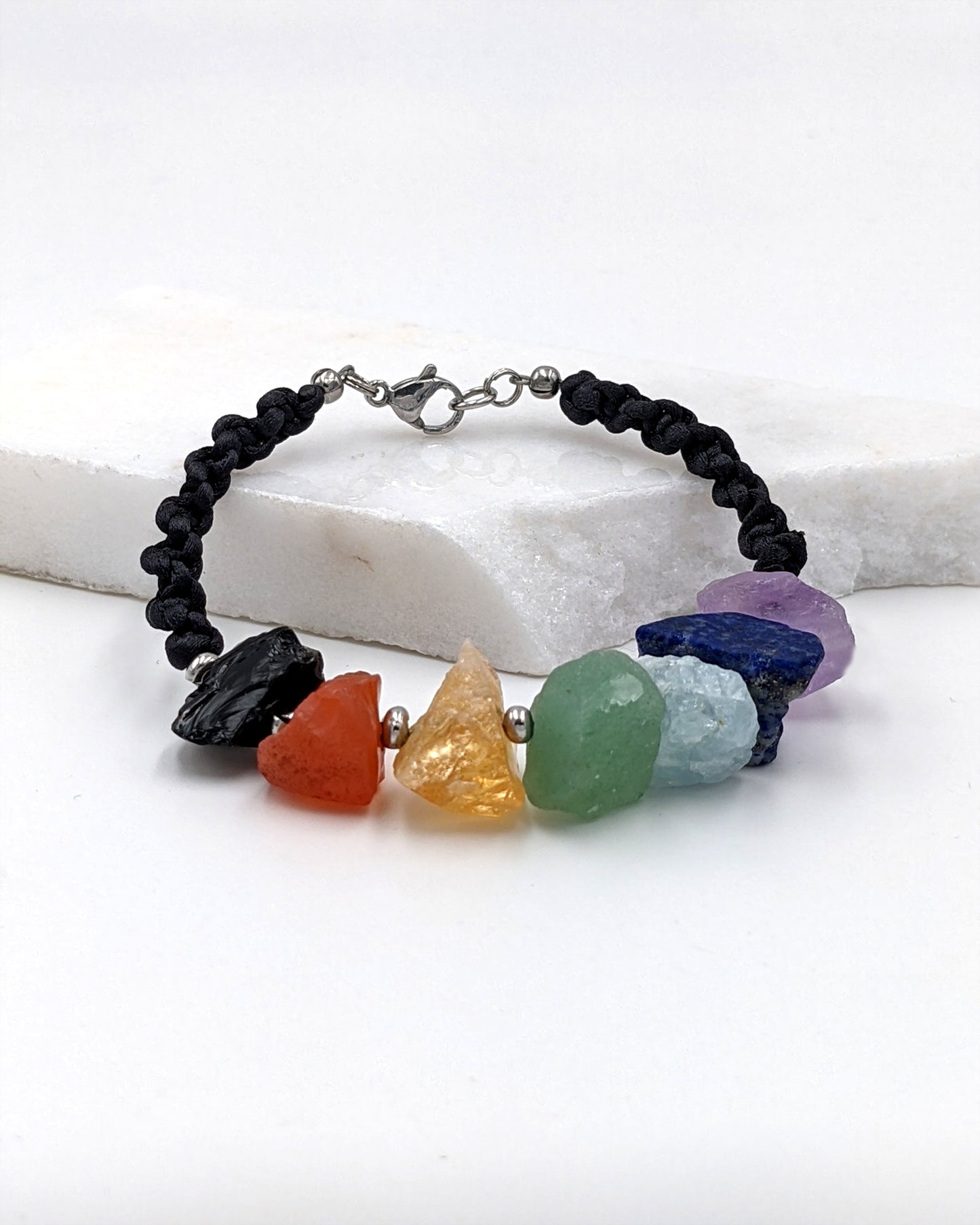 7 chakra bracelet w chunky raw gemstones & lava stone for aromatherapy  StudioVy Stainless Steel Macrame/Clasp 