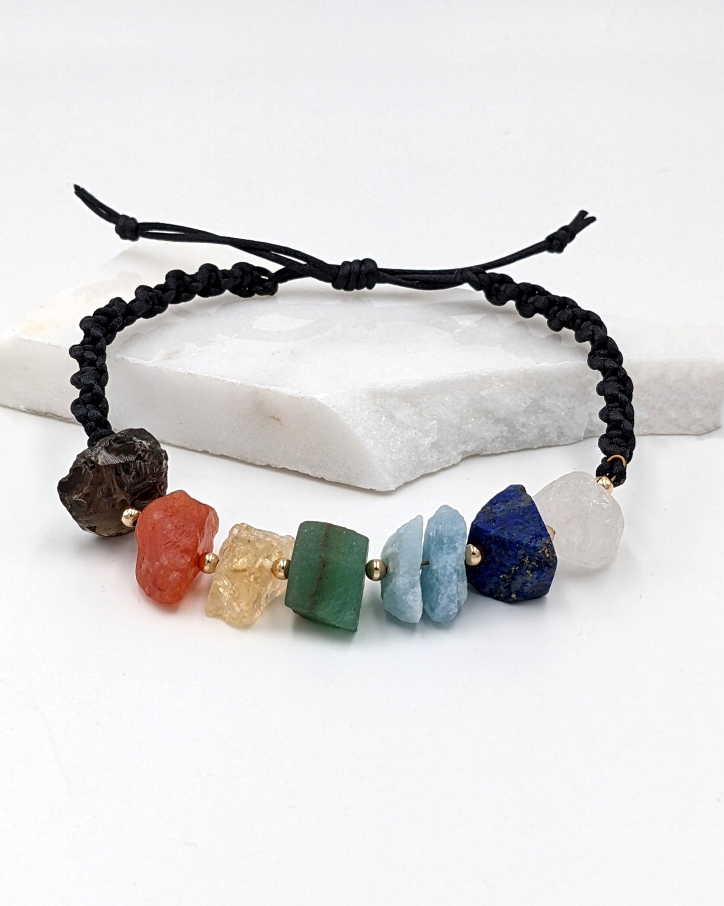 7 chakra bracelet w chunky raw gemstones & lava stone for aromatherapy  StudioVy Stainless Steel Macrame/Sliding Knot 