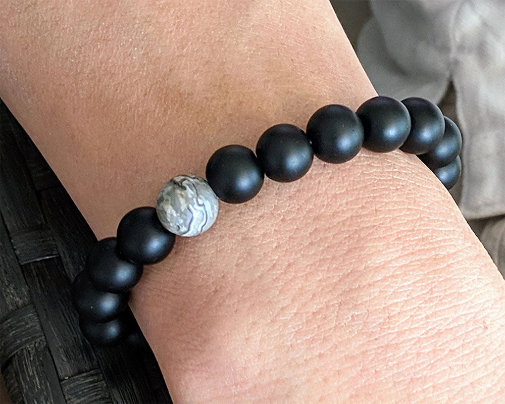 Mens black onyx bracelet homme with engraved initial tag 50th 30th birthday gift for him Mala beaded gemstone personalized stretch bracelet  StudioVy   