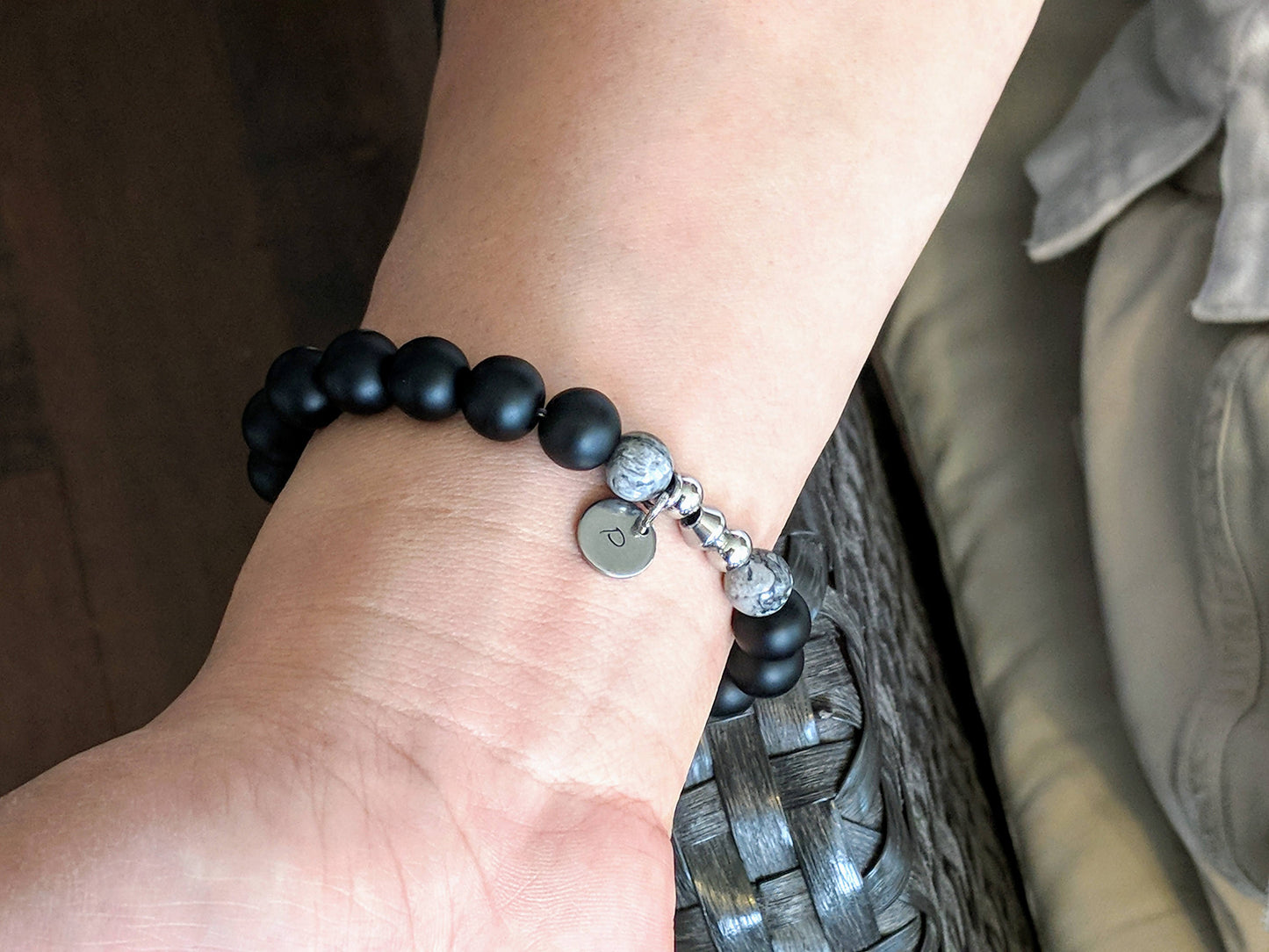 Mens black onyx bracelet homme with engraved initial tag 50th 30th birthday gift for him Mala beaded gemstone personalized stretch bracelet  StudioVy   