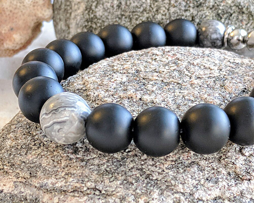 Mens black onyx bracelet homme with engraved initial tag 50th 30th birthday gift for him Mala beaded gemstone personalized stretch bracelet  StudioVy   