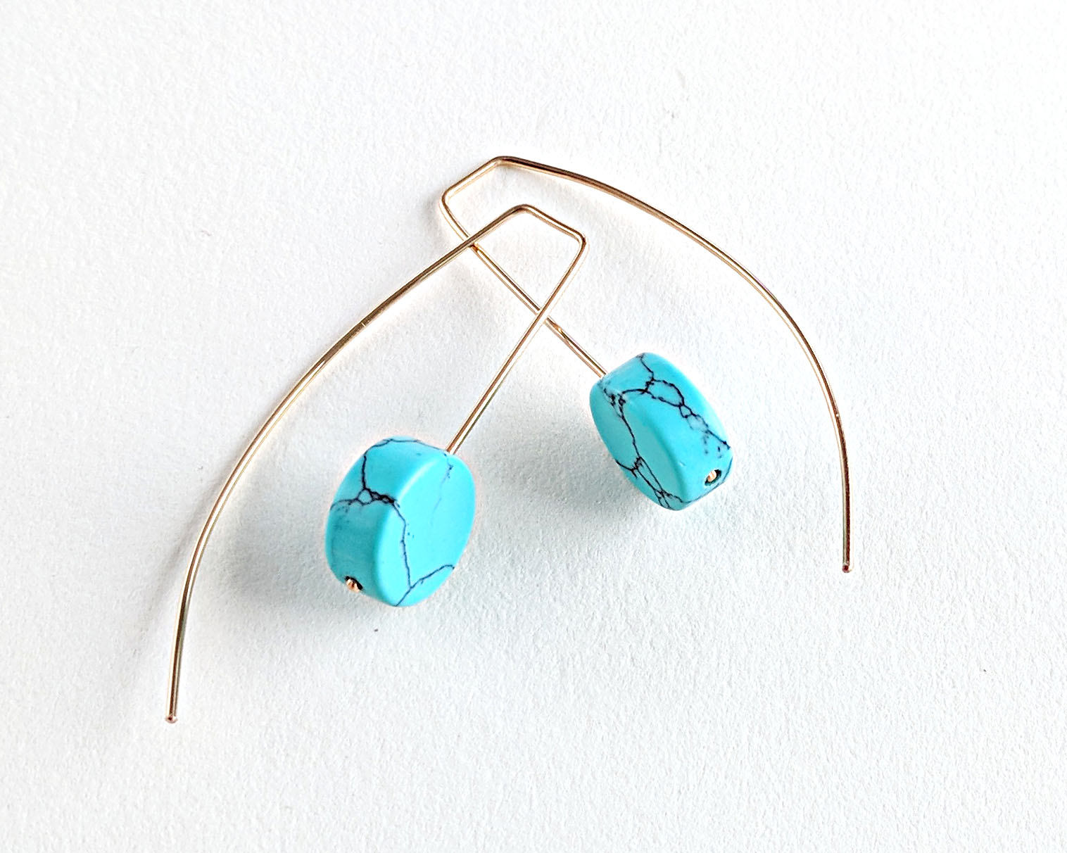 Genuine turquoise earrings Gold turquoise threader earrings Sterling silver open hoop Modern geometric pull through double piercing earrings  StudioVy   