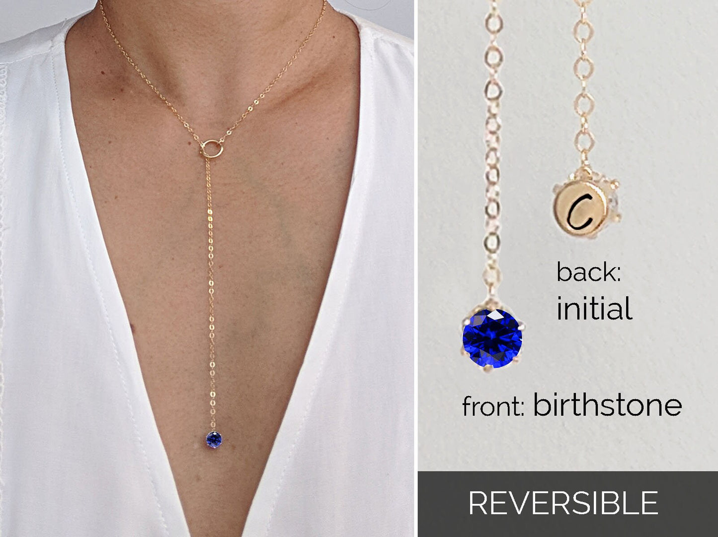 September birthstone necklace w CZ Sapphire & initial, lariat or Y necklace  StudioVy   