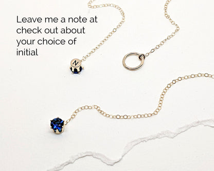 September birthstone necklace w CZ Sapphire & initial, lariat or Y necklace  StudioVy   