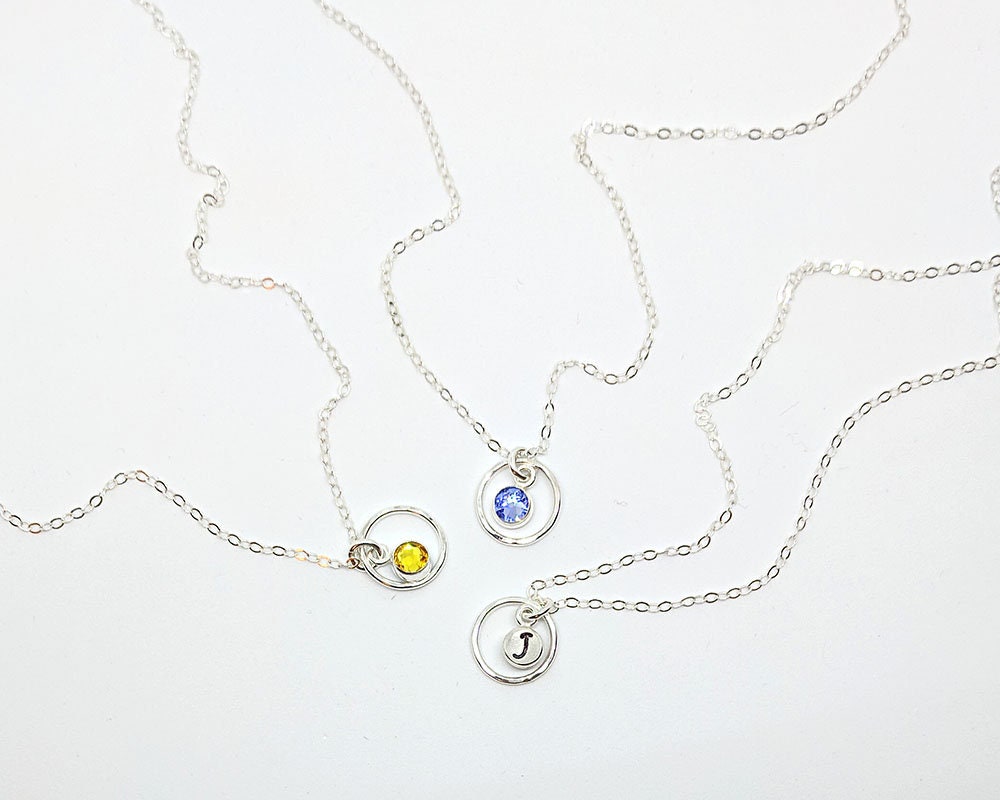 January birthstone necklace with initial & karma circle, Swarovski garnet  StudioVy   