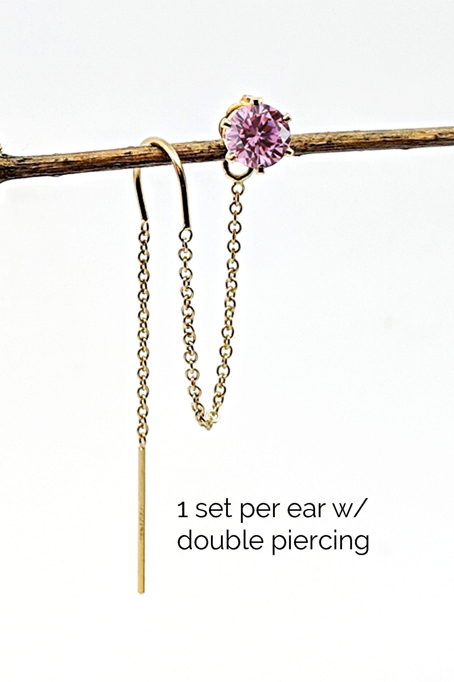 Double piercing earring Silver/gold threader earrings with CZ birthstone  StudioVy   