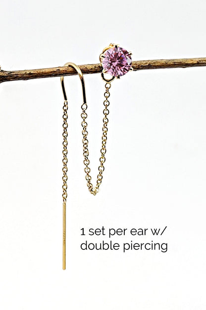 Double piercing earring Silver/gold threader earrings with CZ birthstone  StudioVy   