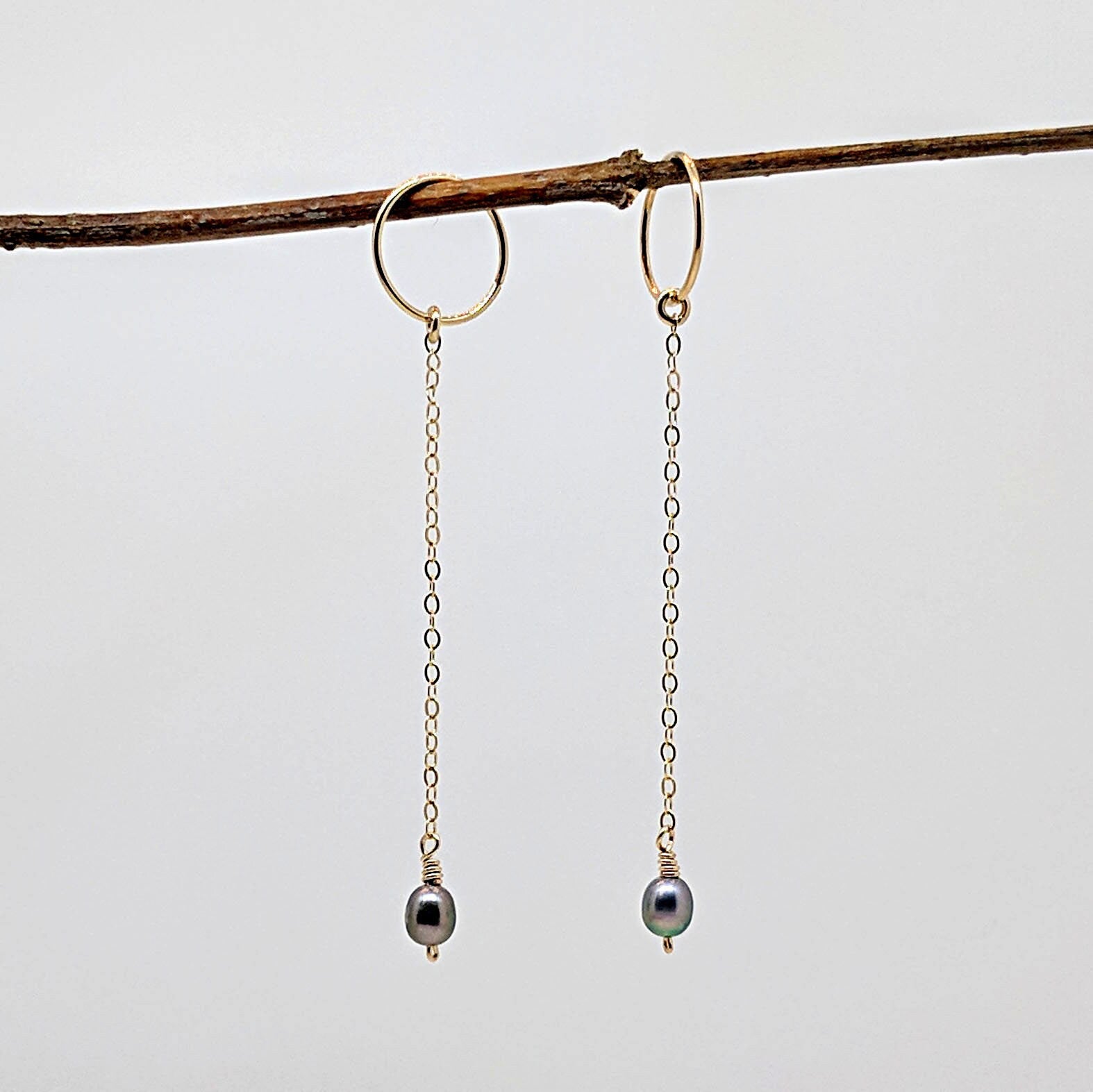 Pearl hoop earrings with charm Pearl drop earrings Gold & grey pearl earrings Removable Long chain earrings 30th birthday gift for her June  StudioVy   