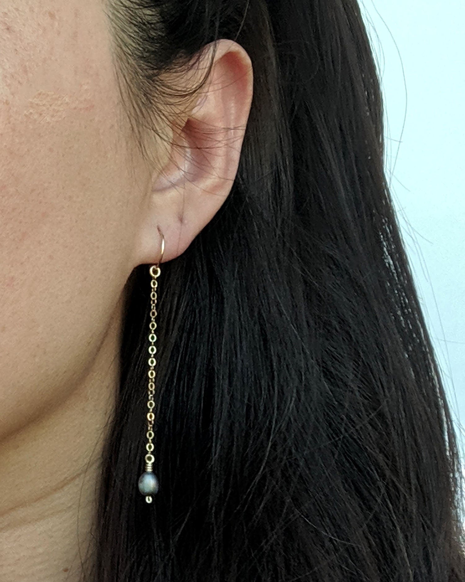 Pearl hoop earrings with charm Pearl drop earrings Gold & grey pearl earrings Removable Long chain earrings 30th birthday gift for her June  StudioVy   