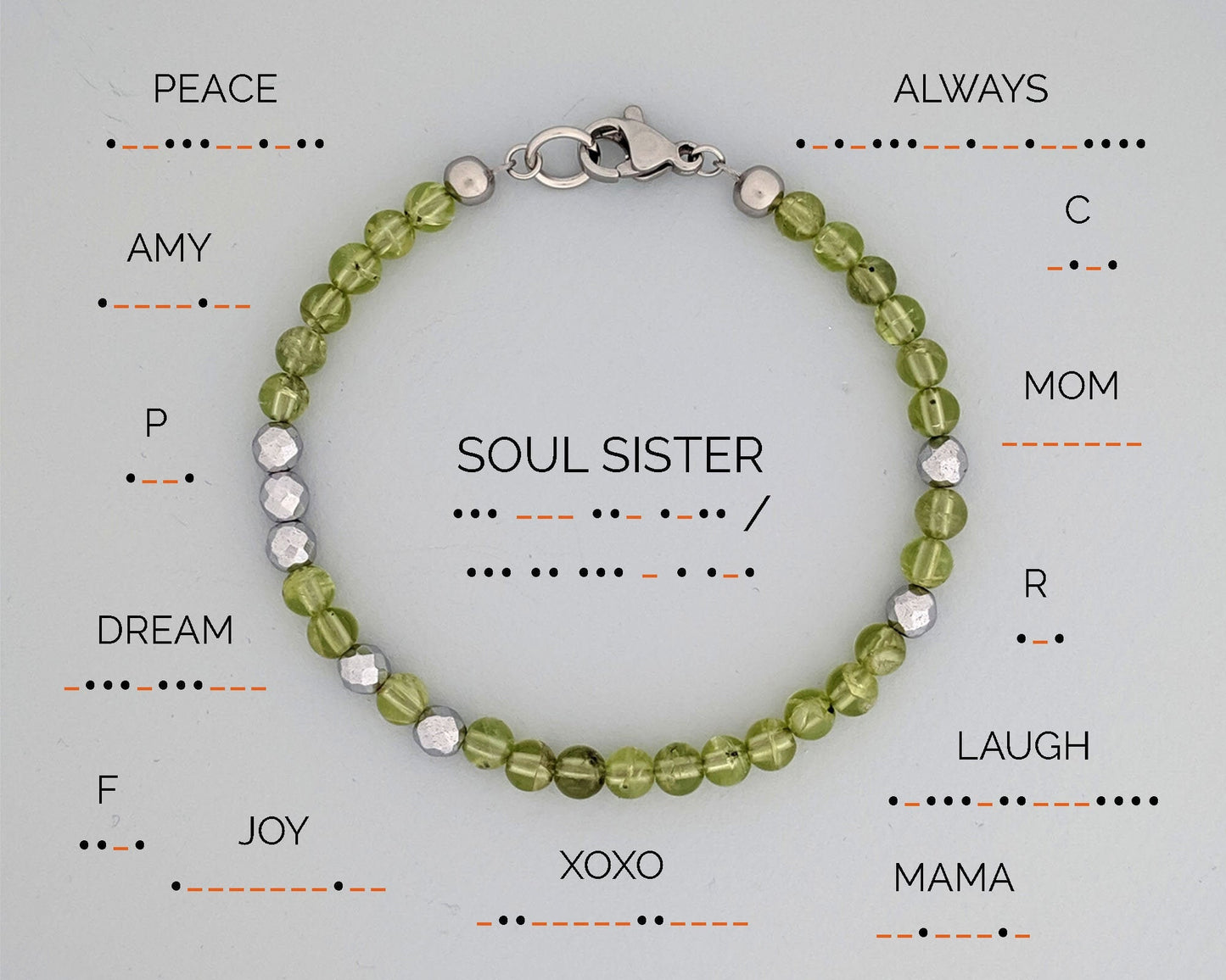 Peridot bracelet Morse code bracelet Soul Sister August birthstone bracelet  StudioVy   