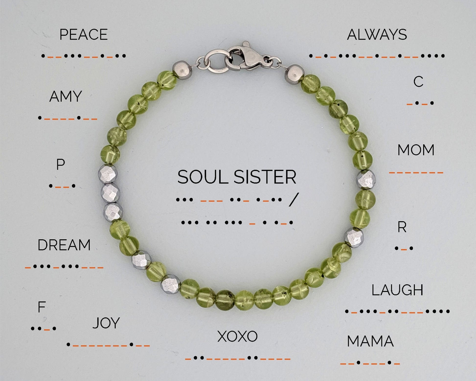 Peridot bracelet Morse code bracelet Soul Sister August birthstone bracelet  StudioVy   