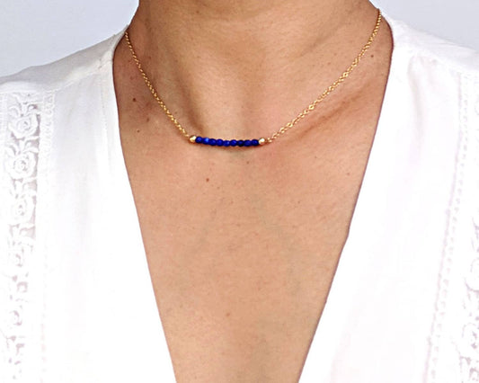 Natural lapis lazuli necklace Silver dainty choker Beaded gemstone bar necklace Something blue for bride gift from bridesmaid Thank you gift  StudioVy   