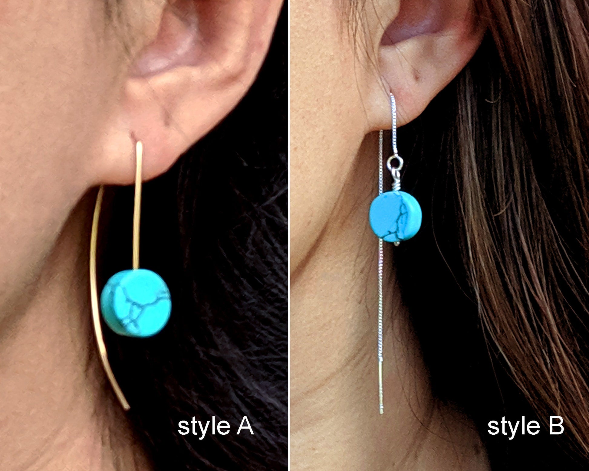 Genuine turquoise earrings Gold turquoise threader earrings Sterling silver open hoop Modern geometric pull through double piercing earrings  StudioVy   