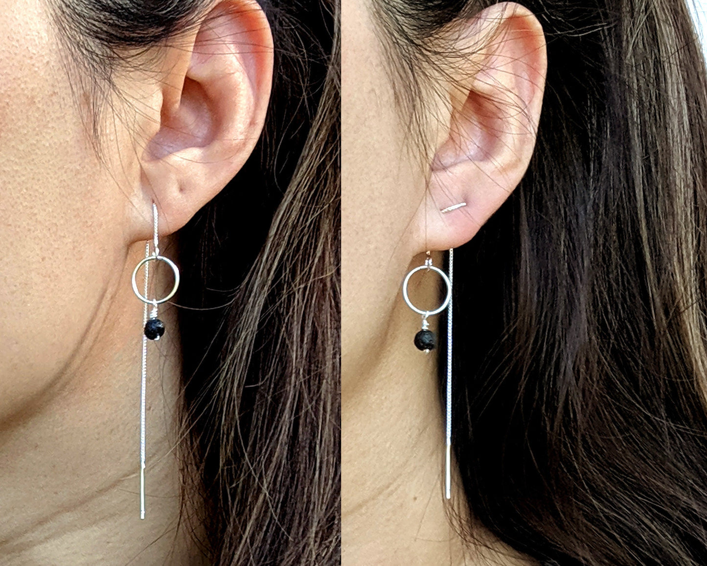 Lava rock earrings Essential oil earrings Diffuser aromatherapy jewelry Long threader earrings Sterling silver black lava stone earrings BFF  StudioVy   