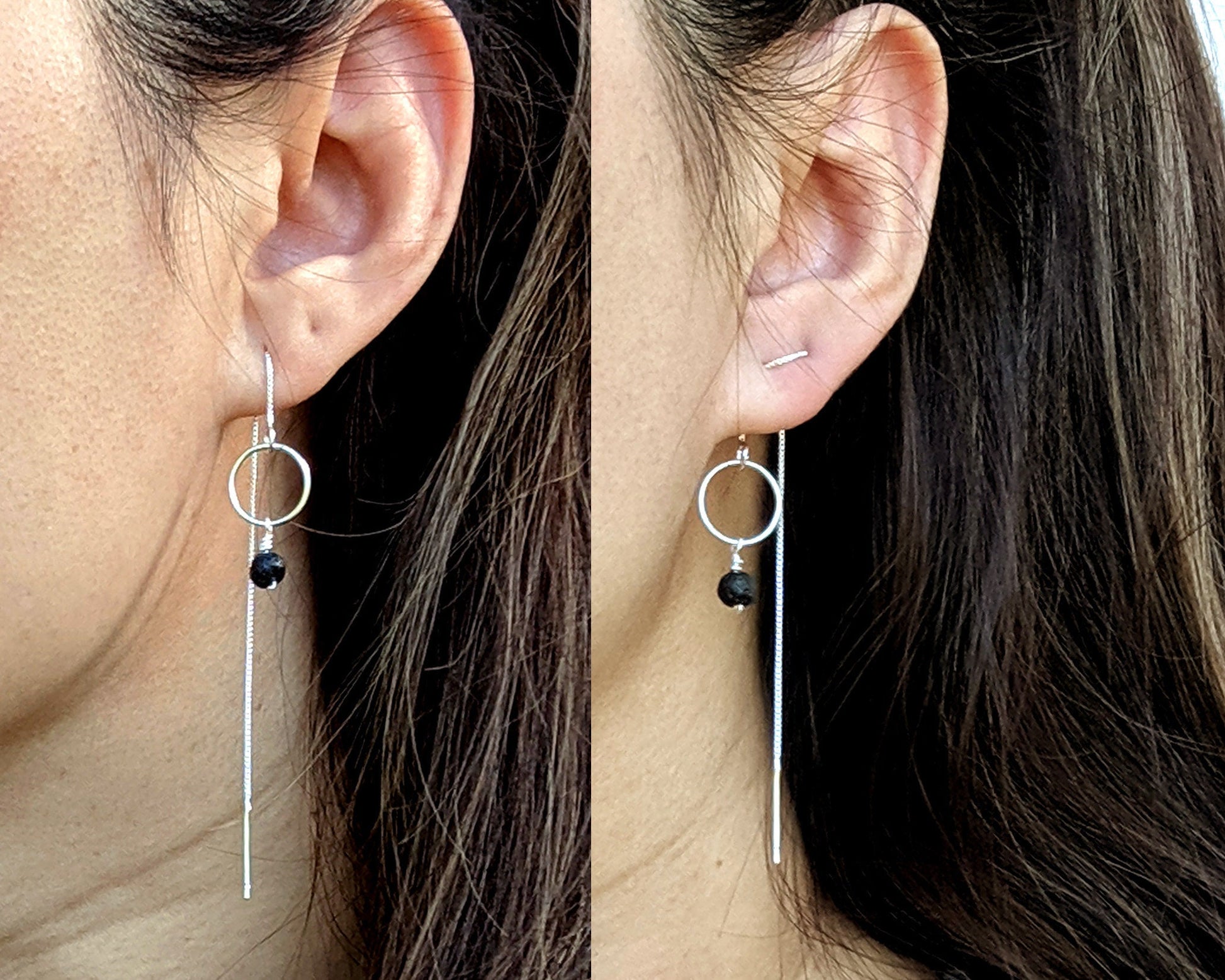 Lava rock earrings Essential oil earrings Diffuser aromatherapy jewelry Long threader earrings Sterling silver black lava stone earrings BFF  StudioVy   