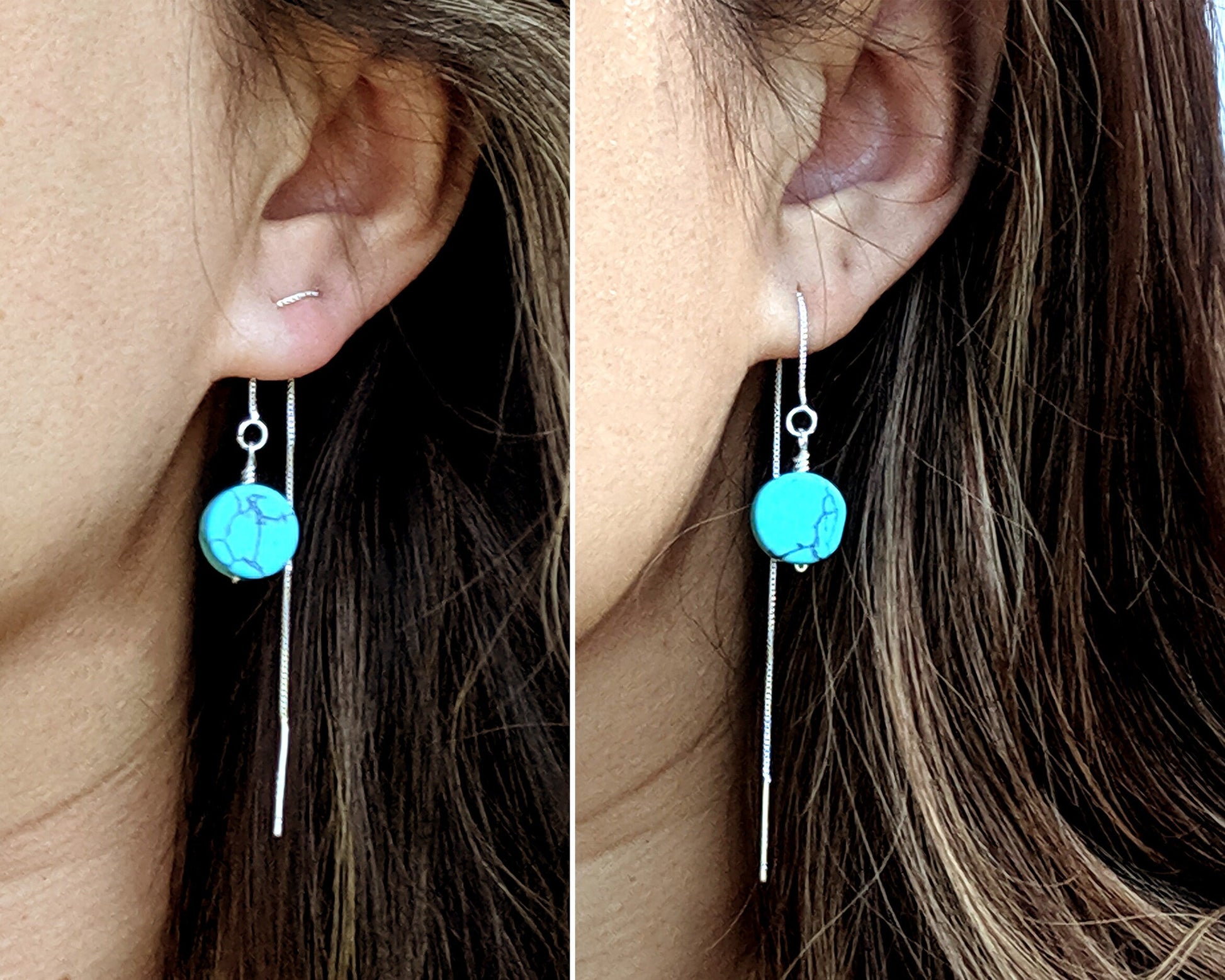 Genuine turquoise earrings Gold turquoise threader earrings Sterling silver open hoop Modern geometric pull through double piercing earrings  StudioVy   