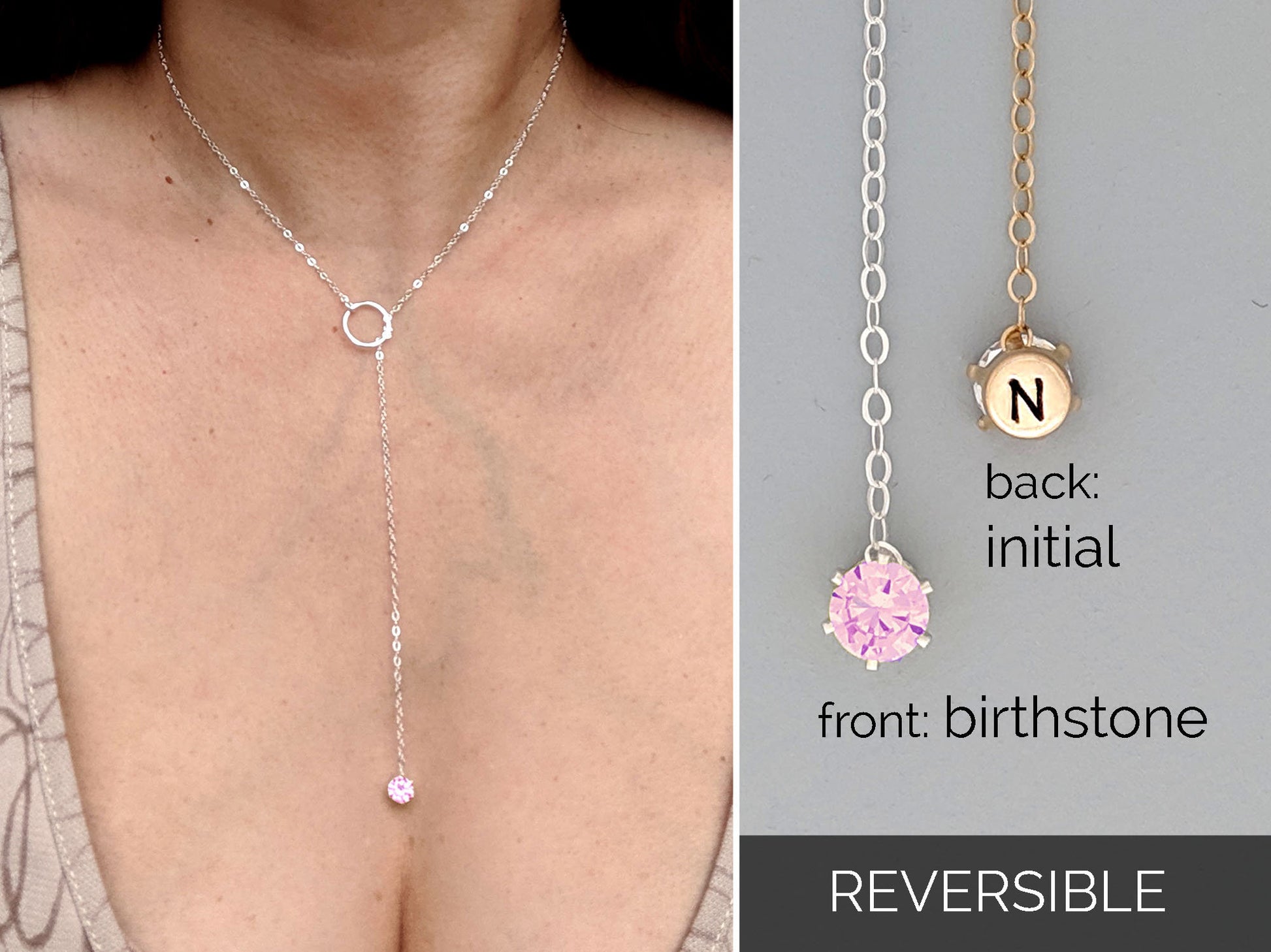 October birthstone necklace with initial Gold lariat necklace Dainty CZ pink sapphire necklace Silver Y necklace 18th birthday gifts for her  StudioVy   