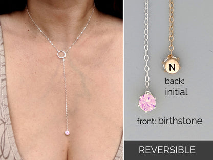 October birthstone necklace with initial Gold lariat necklace Dainty CZ pink sapphire necklace Silver Y necklace 18th birthday gifts for her  StudioVy   