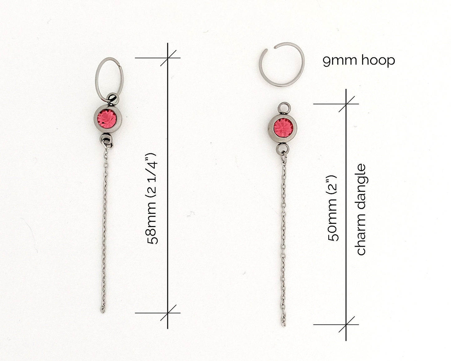 Surgical steel hoop earrings with charms Small hoop earrings Stainless steel earrings & birthstone drop chain dangle Surgical steel earrings  StudioVy   