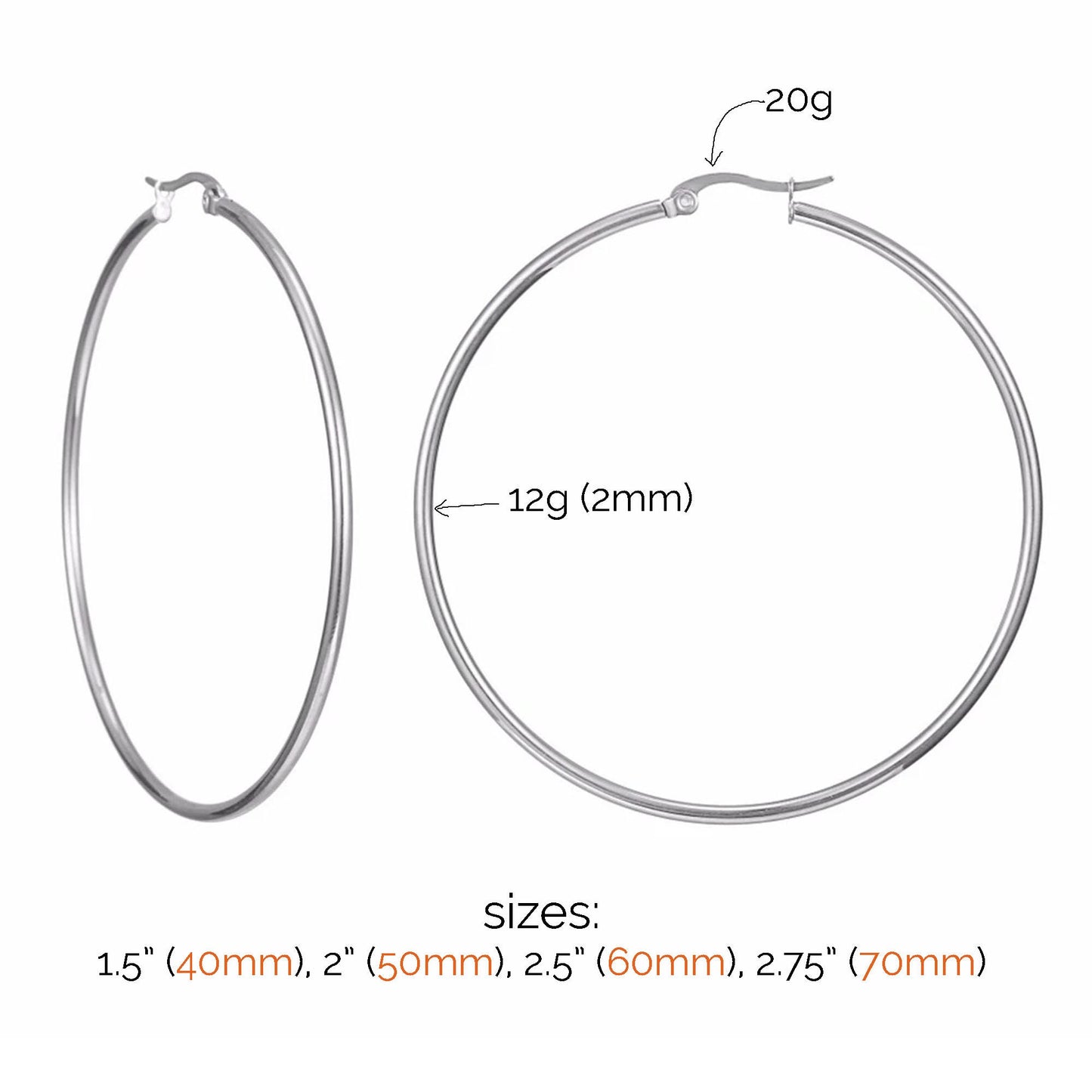 Large hoops earrings Silver stainless steel earrings Simple hypoallergenic Big hoop earrings Thin classic arc fish earrings 1.5" 2" 2.5" 3"  StudioVy   