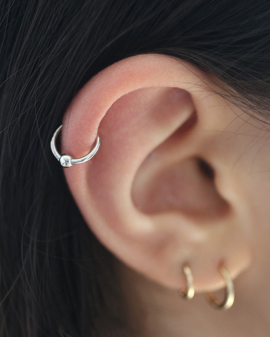 Conch piercing Sterling silver/Gold conch earring Small hoop earrings Bead Conch hoop Rose gold cartilage earring Ear cuff Belly button ring  StudioVy   