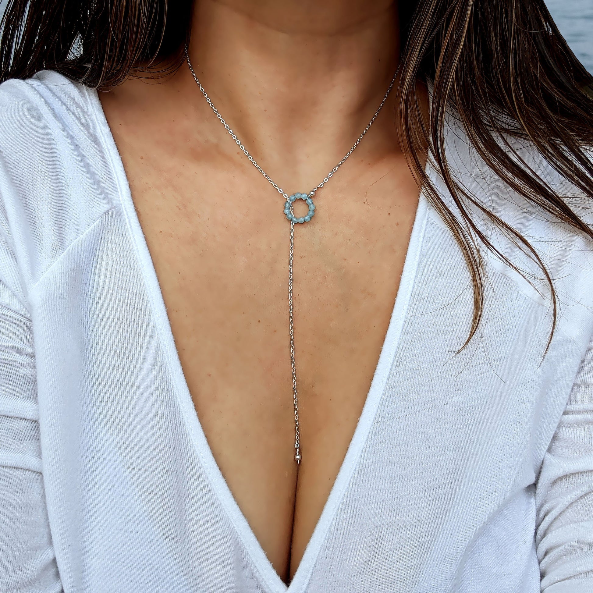 Aquamarine necklace Silver/Rose gold lariat necklaces Women lariat choker Y necklace Gold March birthstone necklace Dainty beaded gemstone  StudioVy   