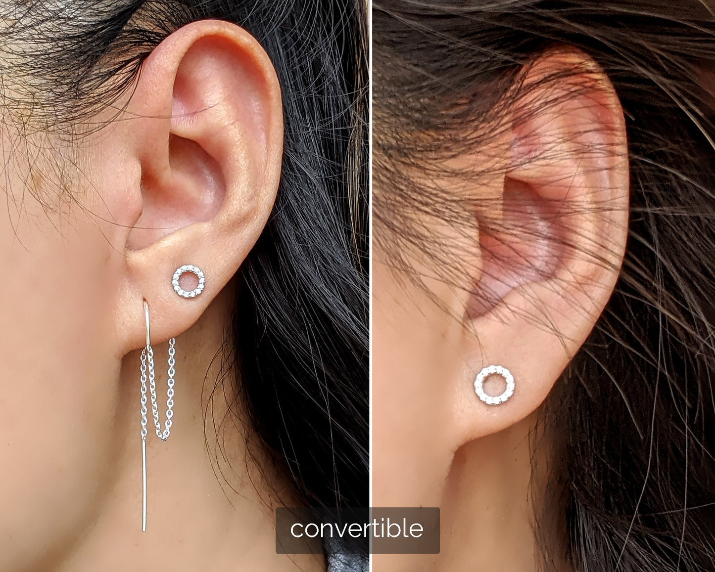 Double piercing earrings with tiny circle stud earrings & ear threaders  StudioVy   