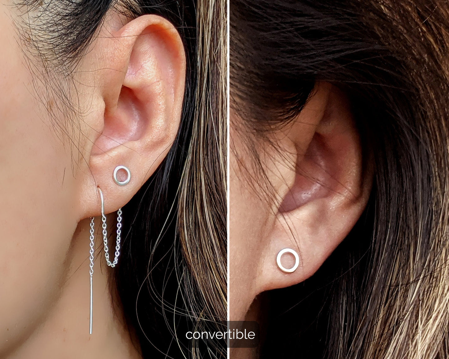 Double piercing earrings with tiny circle stud earrings & ear threaders  StudioVy   