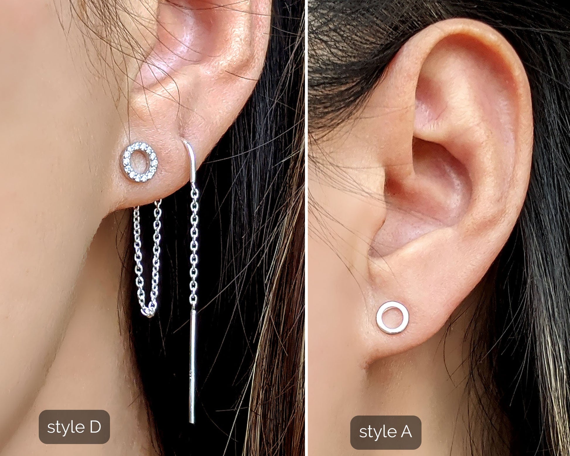 Double piercing earrings with tiny circle stud earrings & ear threaders  StudioVy   