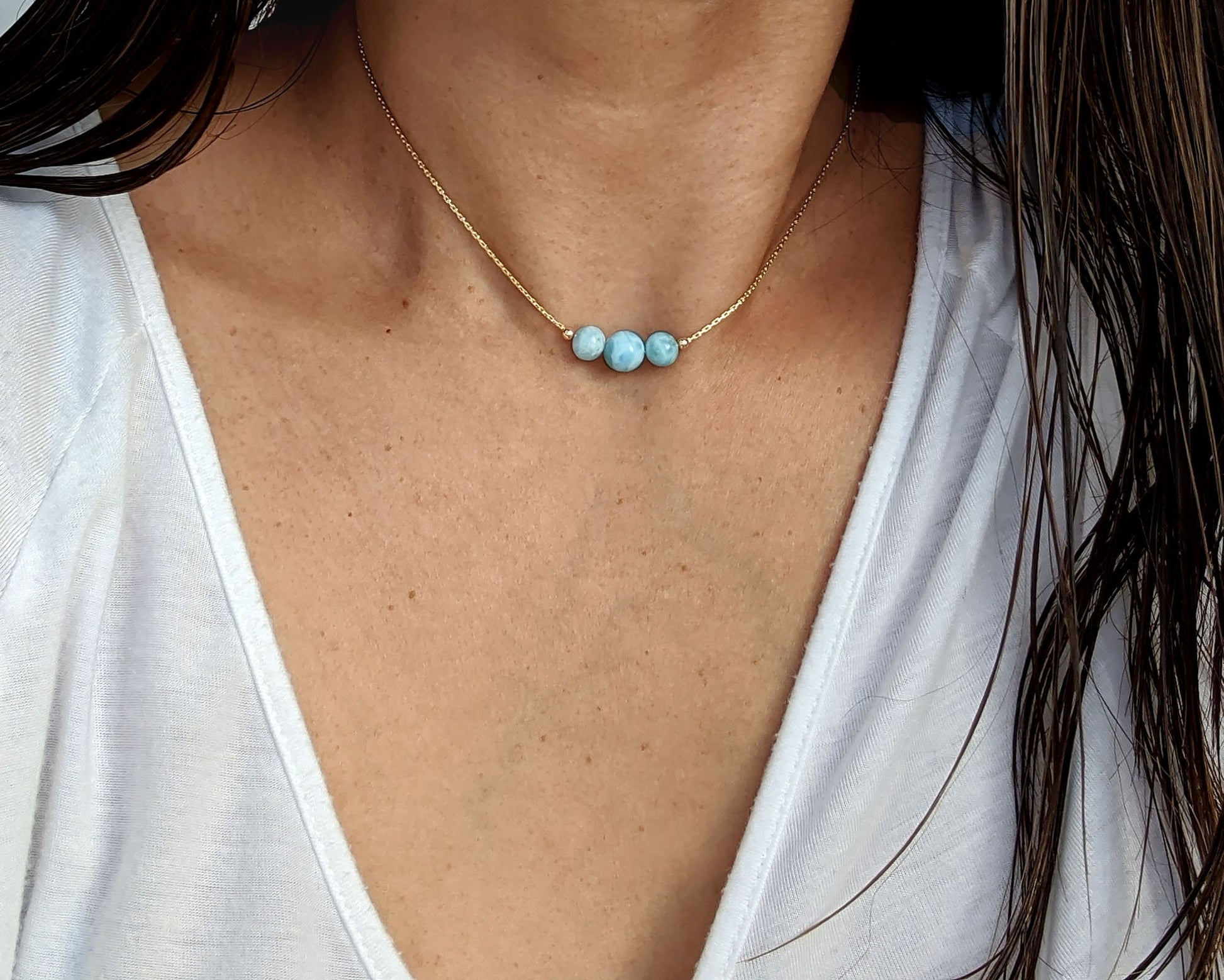 Genuine larimar necklace Beaded gemstone bar necklace Something blue for bride Beach jewelry Mother of the bride gift from daughter/groom  StudioVy   