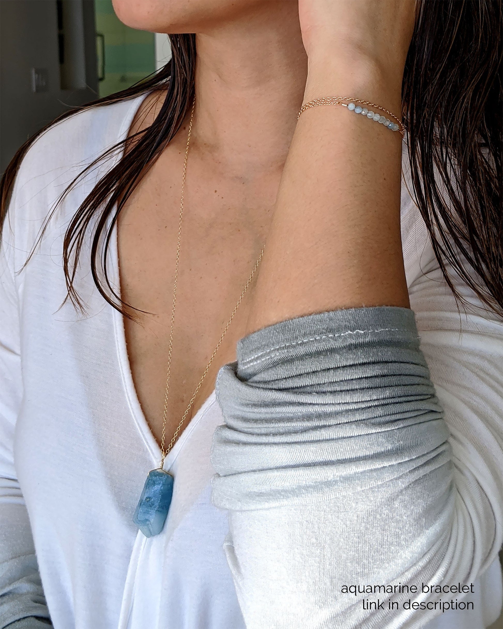 Raw aquamarine necklace Raw stone necklace March birthstone necklace Raw aquamarine pendant Long raw crystal necklace Throat chakra necklace  StudioVy   