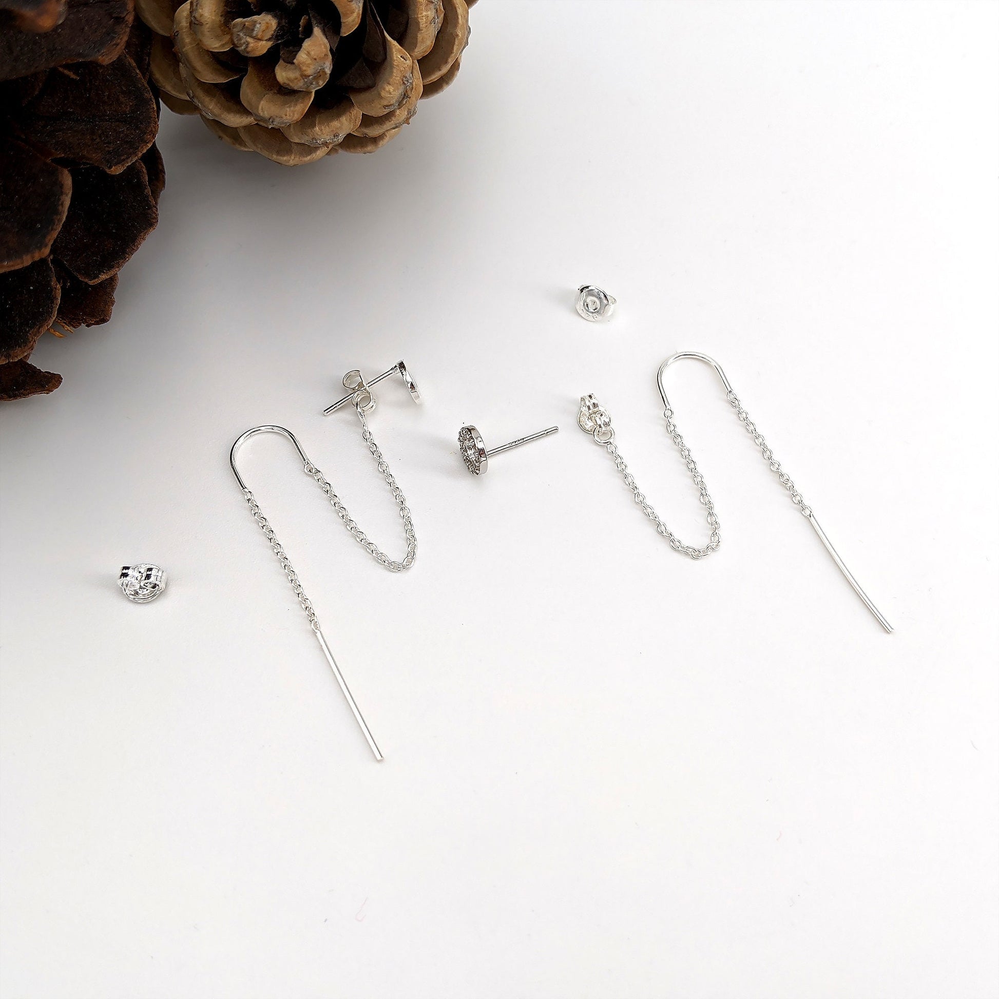 Double piercing earrings with tiny circle stud earrings & ear threaders  StudioVy   